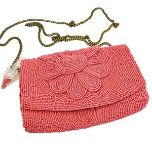 Anthropologie Beaded handbag clutch cross body floral pink new
